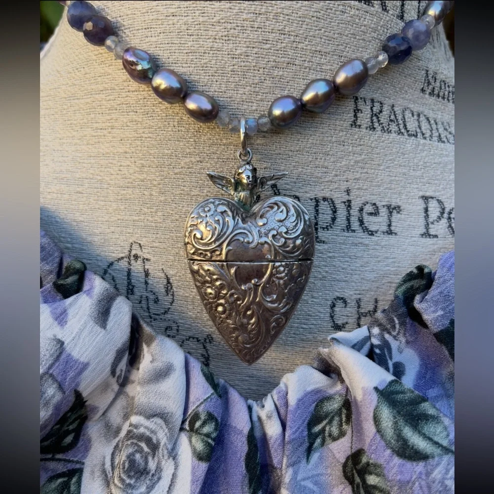 Artisan-Made OOAK Cupid Antique Hearts & Roses Iolite Pearl Labradorite Necklace